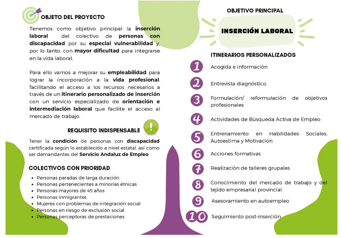 Objeto, requisitos, colectivos prioritarios e itinerario personalizado del proyecto de inserción laboral para personas con discapacidad